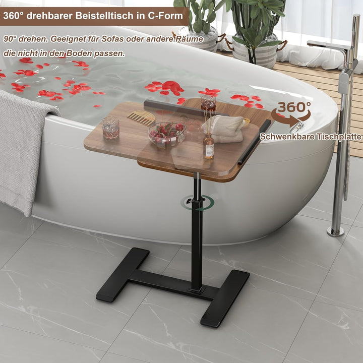 Beistelltisch mit Rollen Höhenverstellbar, 360°Drehbar C Form Couch Beistelltisch, Holz Mobiler Lapt
