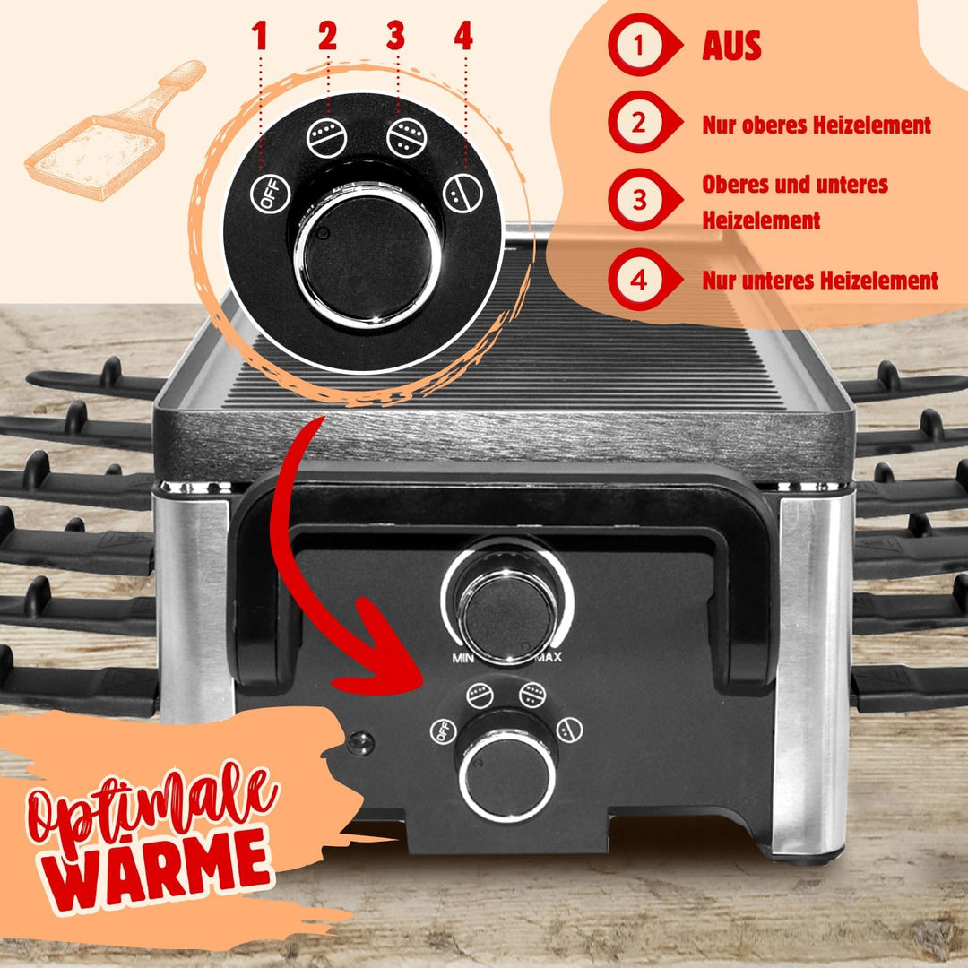 Syntrox Raclette Grill 16 Personen mit Pizzagrill, 16 Pfännchen Emailliert, Edelstahl Tischgrill für