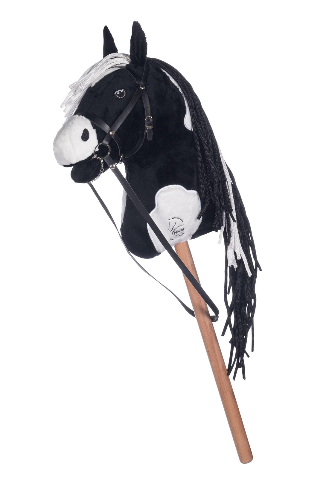 HKM Hobby Horse – Steckenpferd schwarz/weiss, abnehmbare Trense &amp; Lange Mähne, 40 cm Holzstiel – für