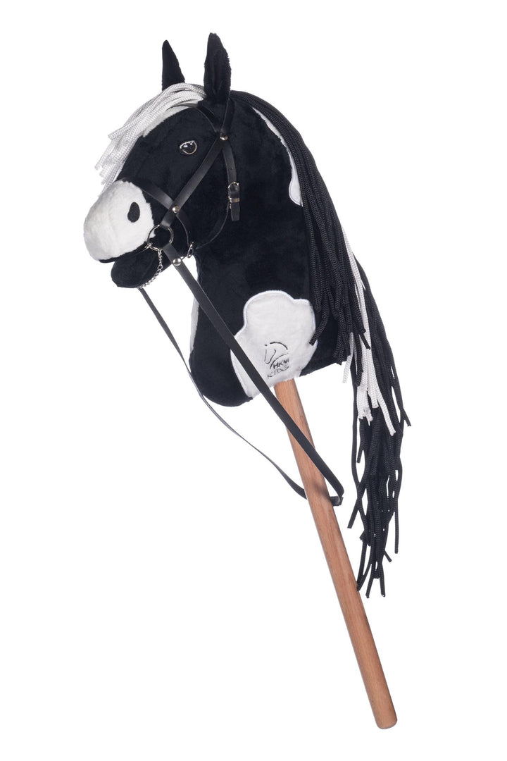 HKM Hobby Horse – Steckenpferd schwarz/weiss, abnehmbare Trense &amp; Lange Mähne, 40 cm Holzstiel – für