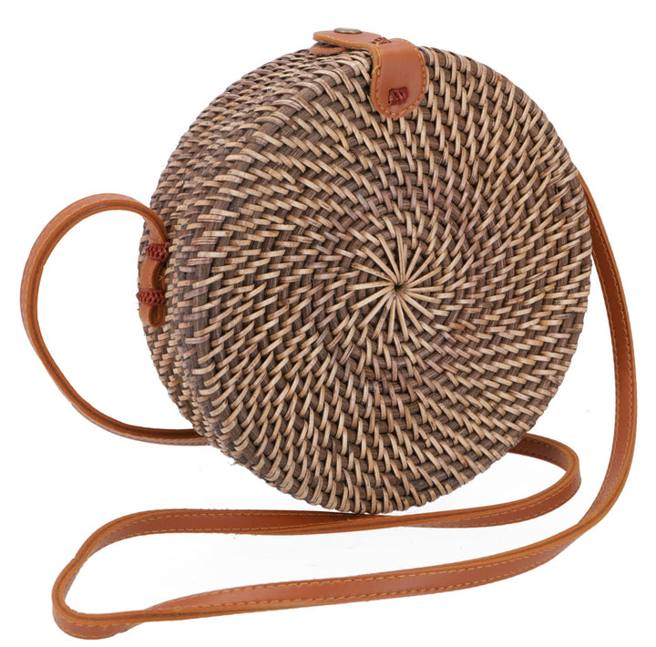 GURU SHOP Geflochtene Handtasche, Korbtasche, Rattantasche, Balitasche Rund - Modell 1, 20x20x7 cm,