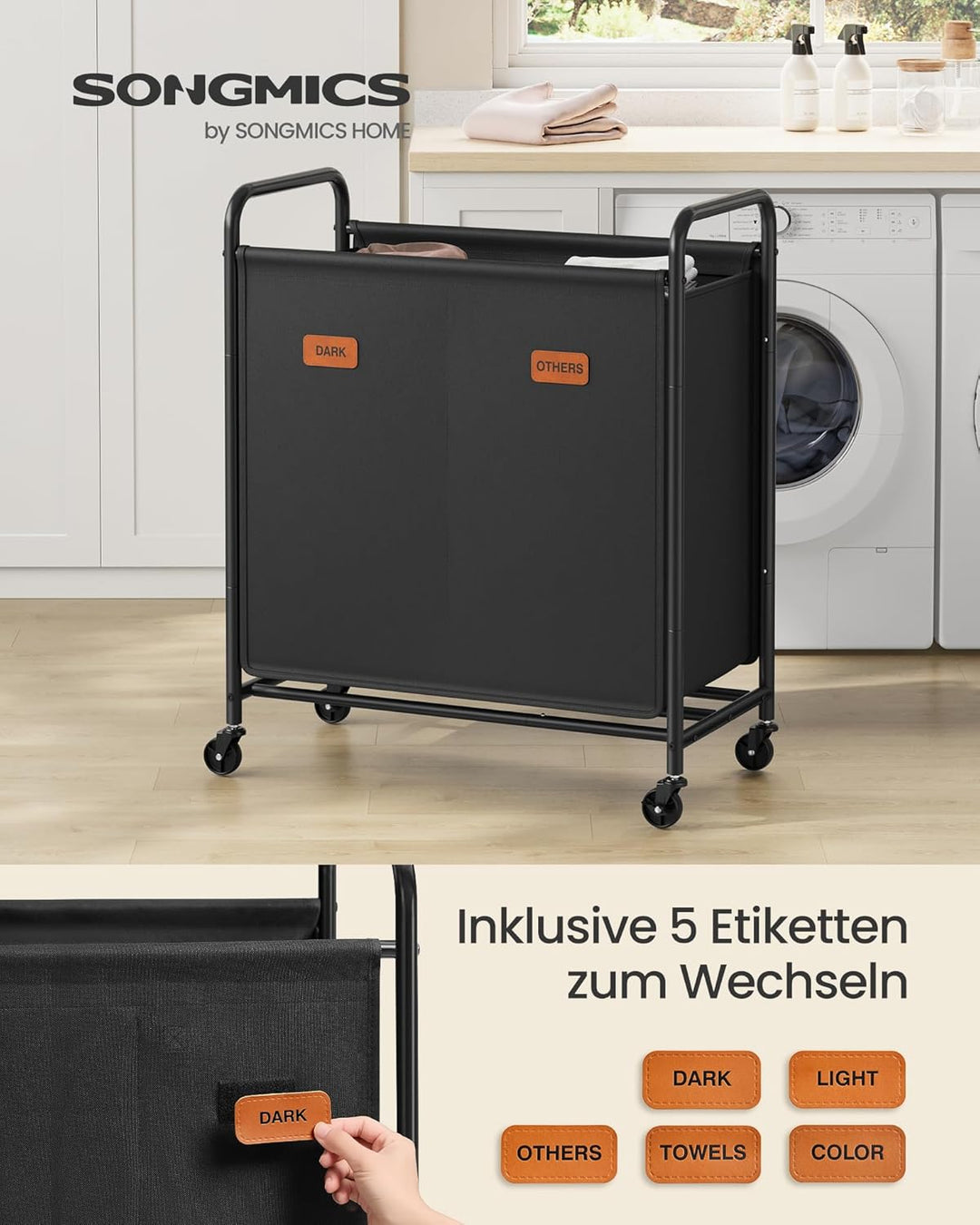SONGMICS Wäschekorb mit Rollen, Wäschesammler 2 Fächer, 140 L Wäschesortierer, beweglicher Wäschewag