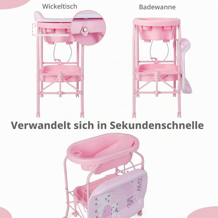 LIFEZEAL Wickeltisch mit Badewanne, 2 in 1 Flatbare Bade-Wickelkombination auf Räder, Badewannenaufs