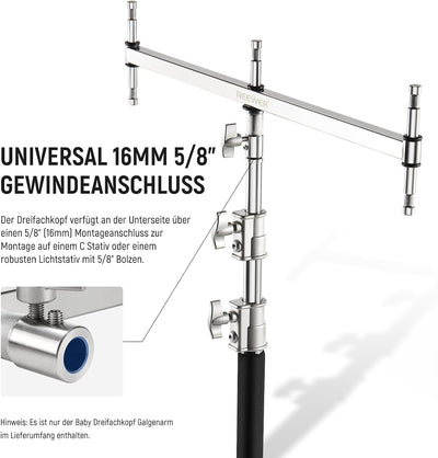 NEEWER klein Galgenarm mit Dreifach Kopf Adapter für C Stand/Lichtstativ, fünf 5/8" Mini Stiften, fü