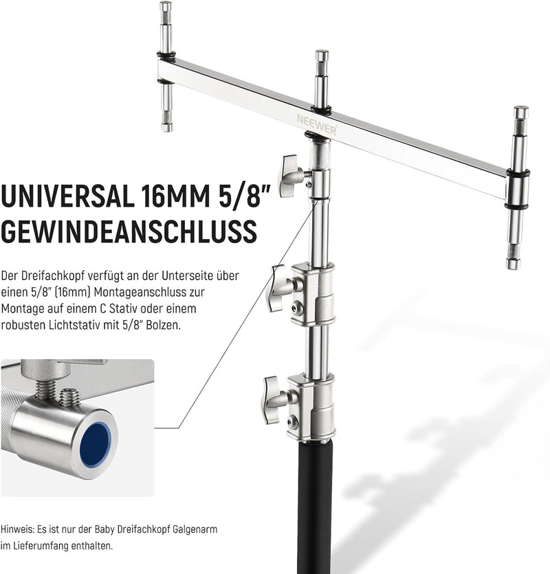 NEEWER klein Galgenarm mit Dreifach Kopf Adapter für C Stand/Lichtstativ, fünf 5/8" Mini Stiften, fü