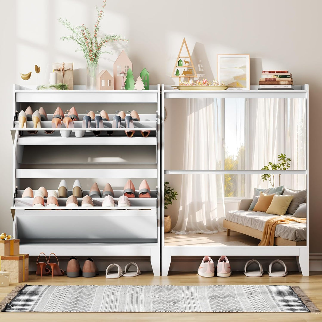Vlsrka Schuhschrank mit Spiegel, Schuhschrank Holz mit 2 Klappen, Schuhkipper Schmal für 16 Paar Sch