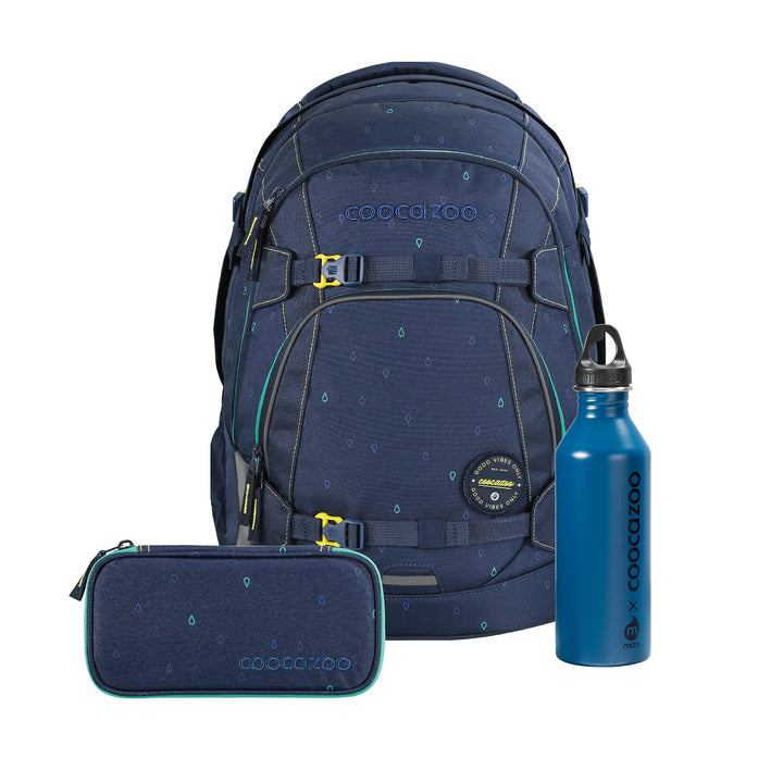 coocazoo Schulrucksack-Set Mate „Happy Raindrops“ 3-teilig, blau, ergonomischer 30L Tornister, mit B