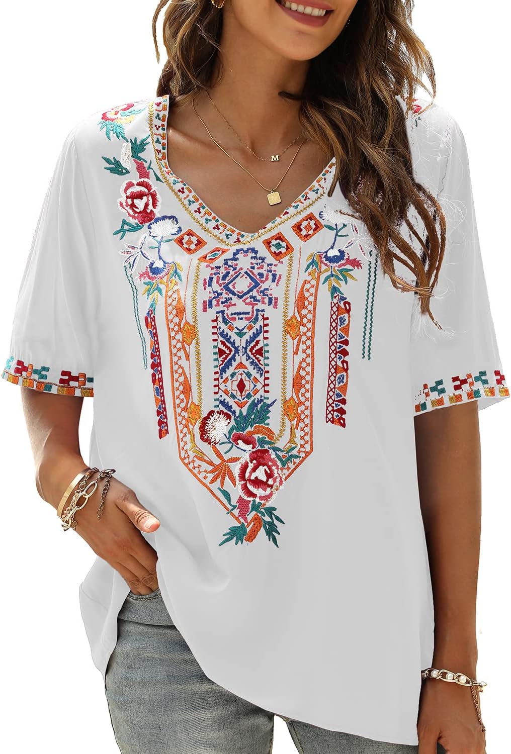 Seasonal Tunika Damen Sommer Boho Bluse Folklore Stickerei Oberteil Trachten Hippie Kleidung Kurzarm