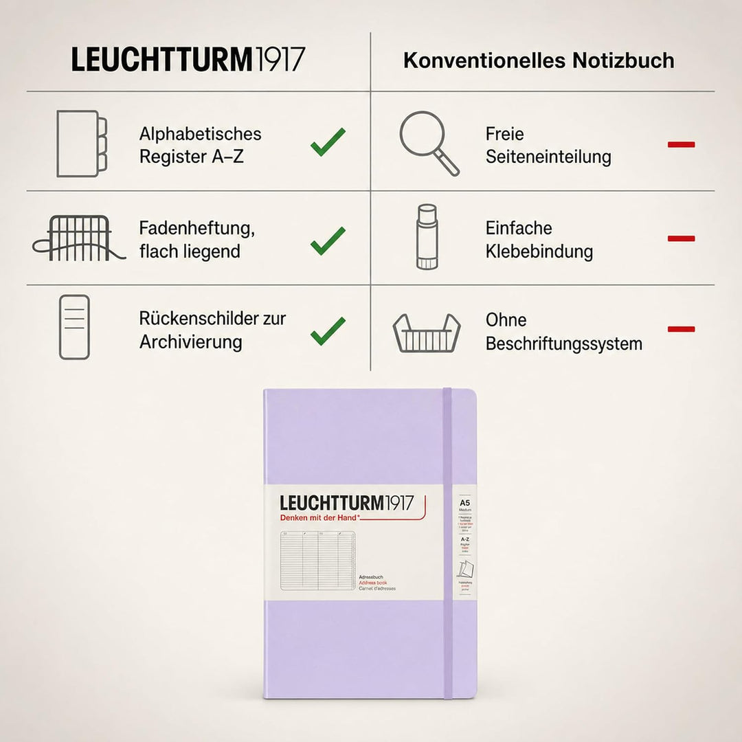 LEUCHTTURM1917 370359 Adressbuch Medium (A5), Hardcover, Lilac Lilac Medium (A5), Lilac Medium (A5)