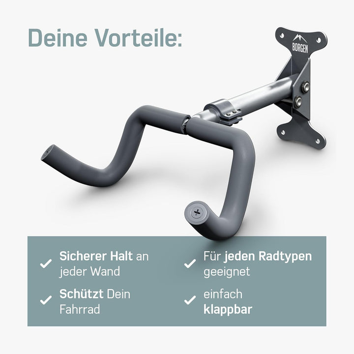 Borgen Fahrrad Wandhalterung klappbar - Fahrradhalterung Wand bis 20kg Tragfähigkeit - Winkel und Wa