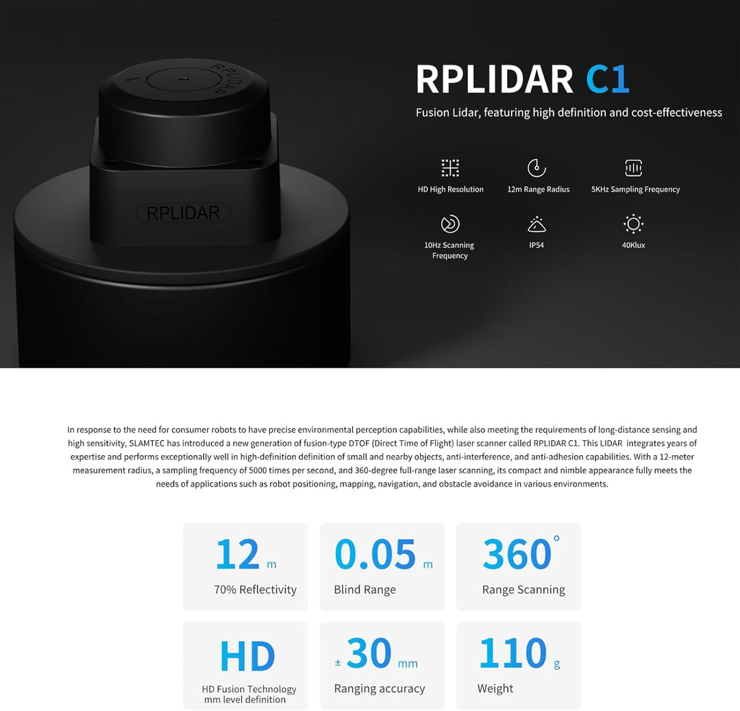 youyeetoo RPLIDAR C1 (C1M1) Fusion Lidar DTOF Laserscanner, 360-Grad-Laserscanner mit voller Reichwe