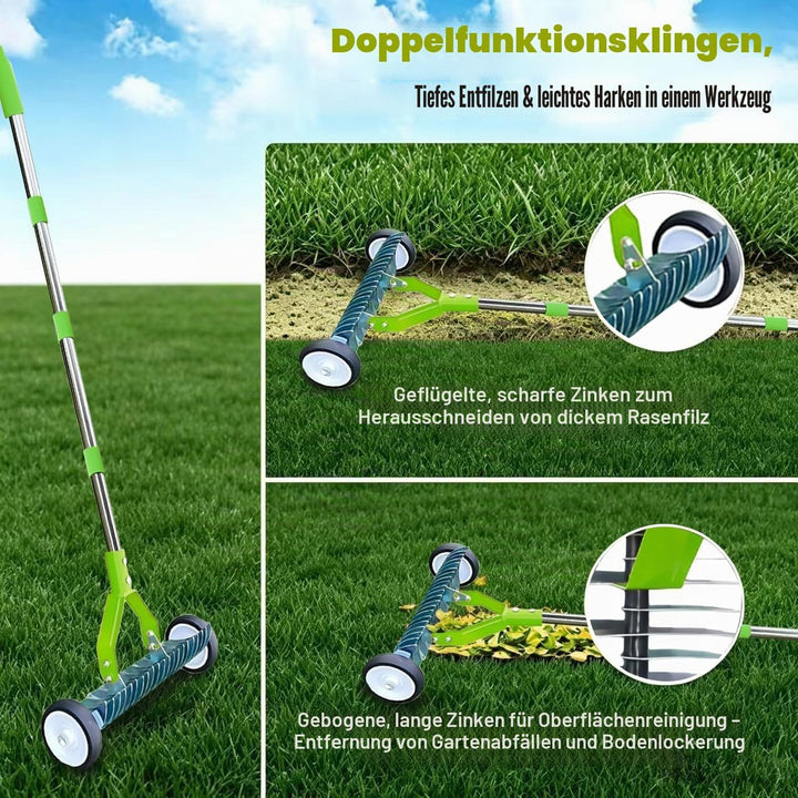 Handvertikutierer mit Rollen, 165cm Vertikutierrechen Garten, Rasenrechen mit Rädern, Laubrechen mit