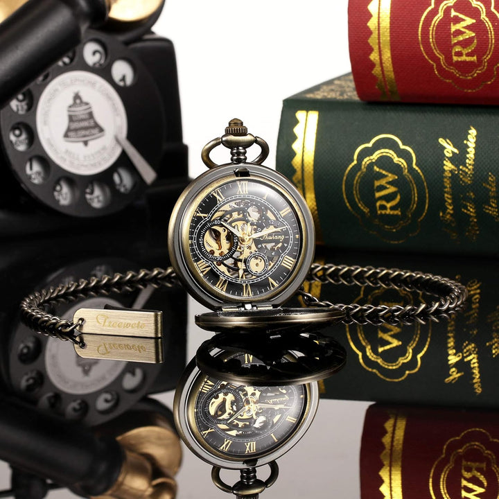 TREEWETO Unisex Taschenuhr mit Kette Analog Mechanisch Handaufzug Wolf wölfe Skelett Hohl Fall Für M
