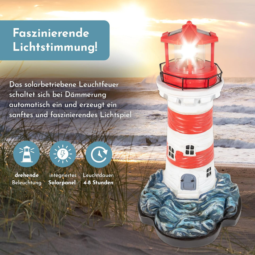 NATIV LEMODO Gartendeko Blauer Leuchtturm mit rotierendem Leuchtfeuer | Handbemalte Gartenfigur mit