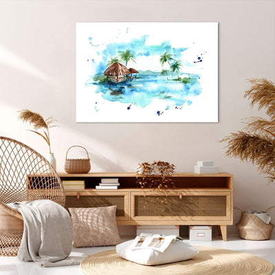 Bilder auf Leinwand 100x70cm Leinwandbild Tropen Wasser Bungalow Ufer Gross Wanddeko Bild Schlafzimm