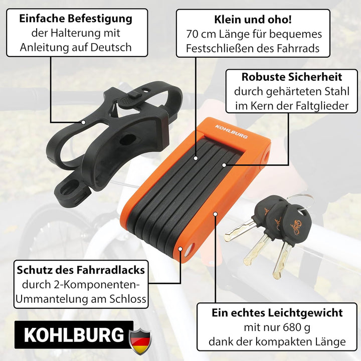 KOHLBURG leichtes & kleines Faltschloss - 690g leicht & 70cm lang - sicheres Fahrradschloss aus gehä