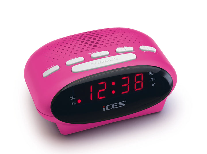 Ices ICR-210 Pink - FM Uhrenradio - Radiowecker mit 2 Weckzeiten - PLL FM - Schlummerfunktion - Slee