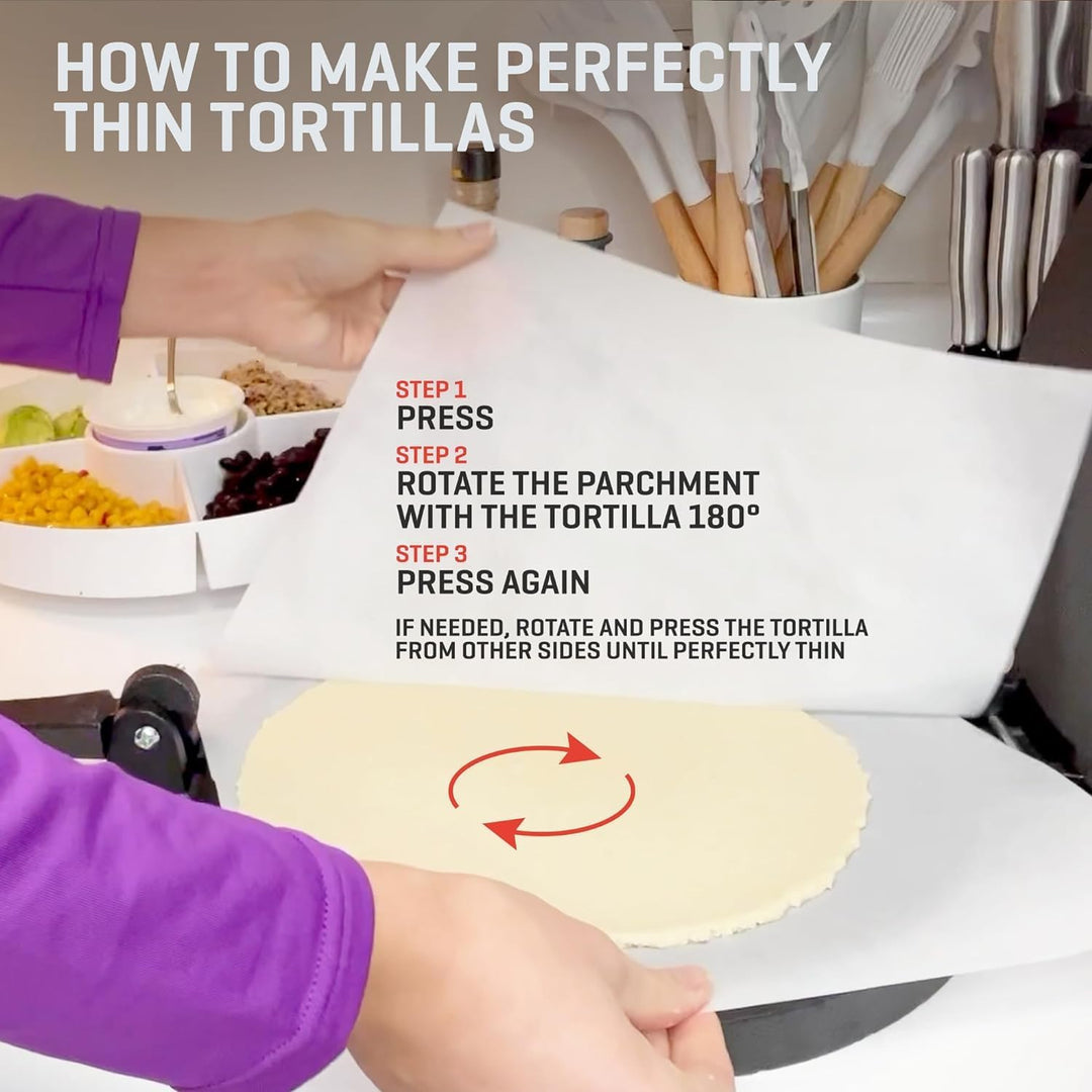 Uno Casa Tortilla Presse 25 cm aus Gusseisen – Taco Presse und Roti Maker - Plus 100 Blatt Backpapie
