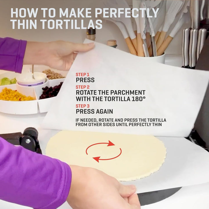 Uno Casa Tortilla Presse 25 cm aus Gusseisen – Taco Presse und Roti Maker - Plus 100 Blatt Backpapie