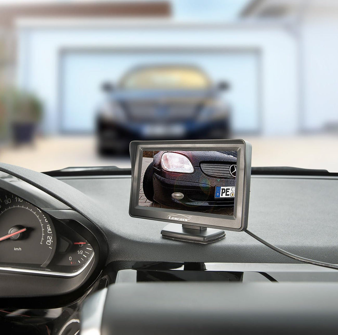 Lescars Rückfahrmonitor: Kfz-Monitor für Rückfahr- &amp; Front-Kamera, 2X Video-Cinch, 10,9 cm/4,3" (Dis