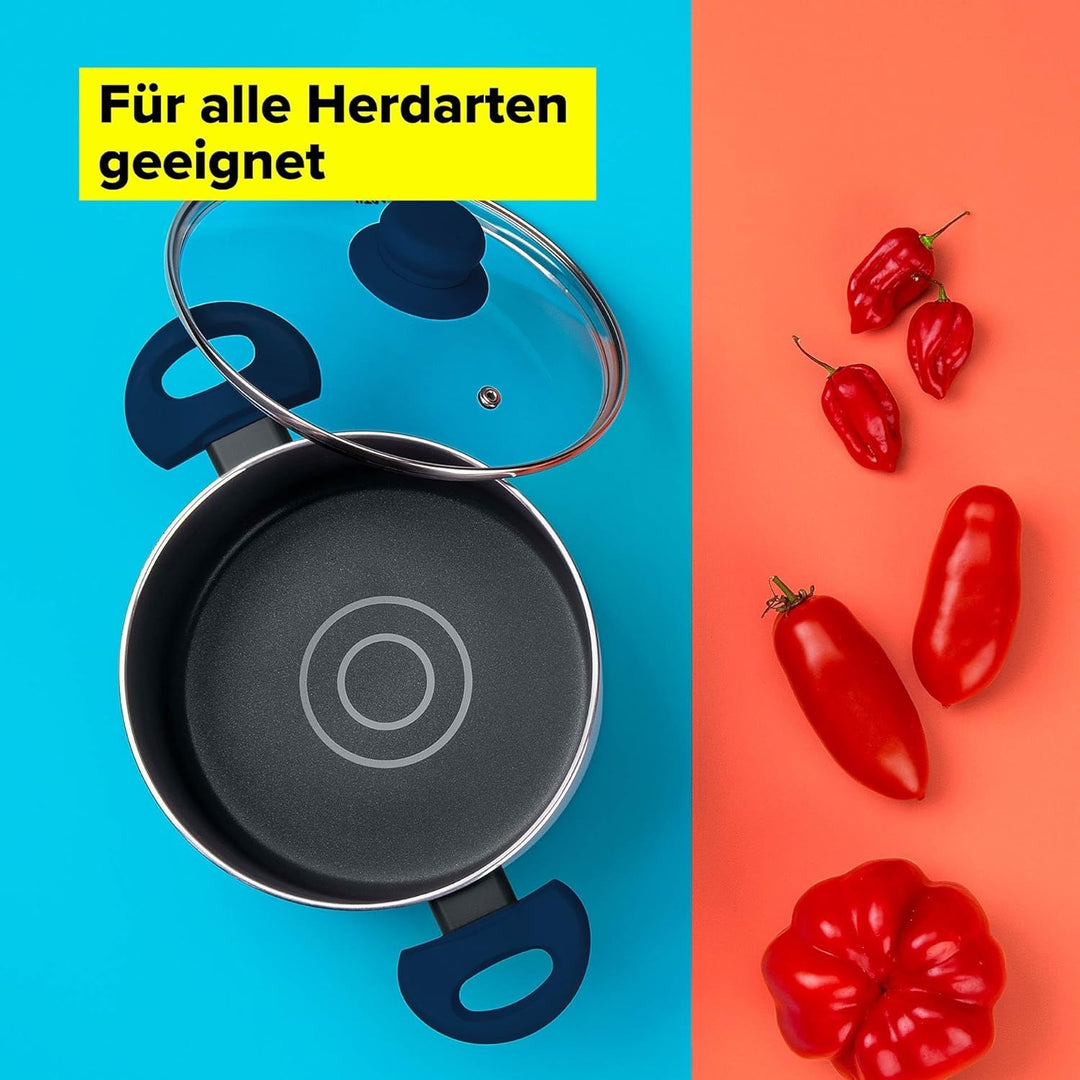 Tasty Antihaft-Kochtopf mit Glasdeckel und Öldosiersystem, 20cm, 3500ml – Gepresstes Aluminium, für