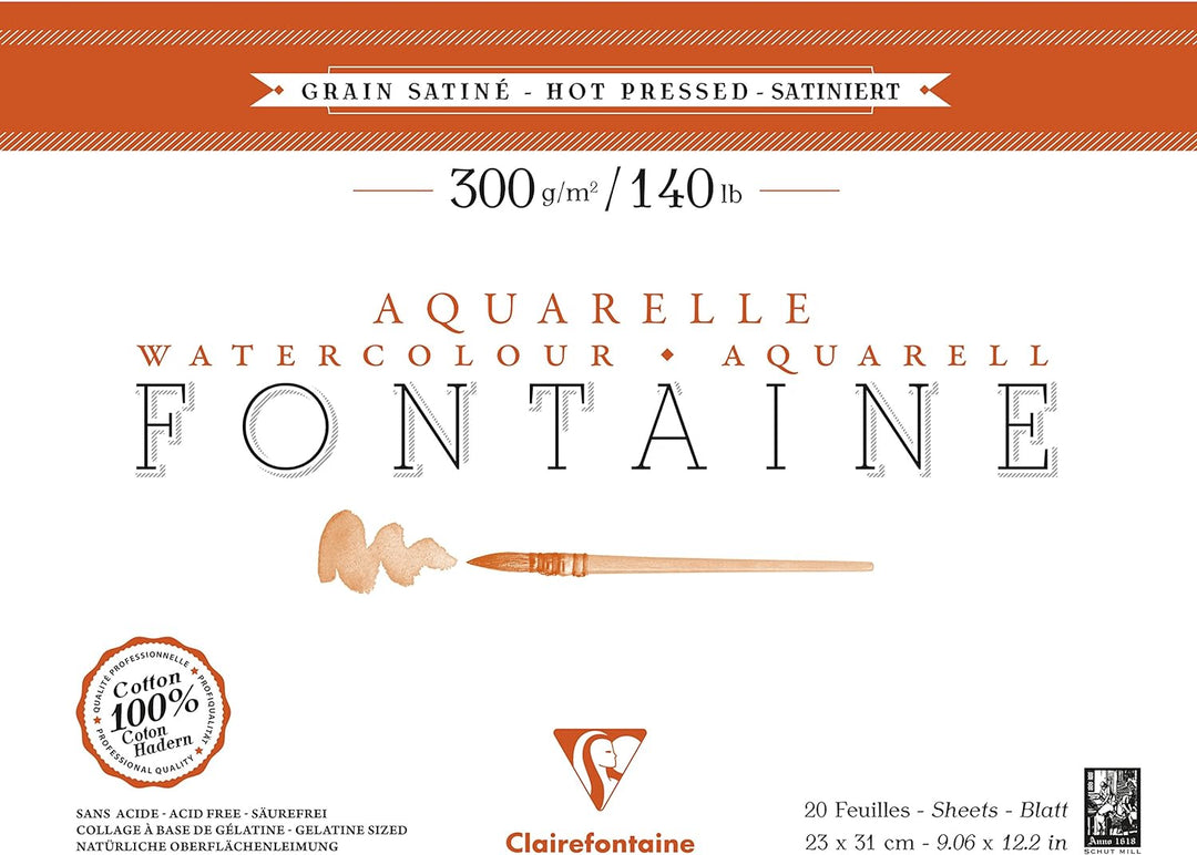 Clairefontaine 96344C Aquarellblock Fontaine Satiné (100% Hadern, feinkörnig, glatt, für Nass- und T