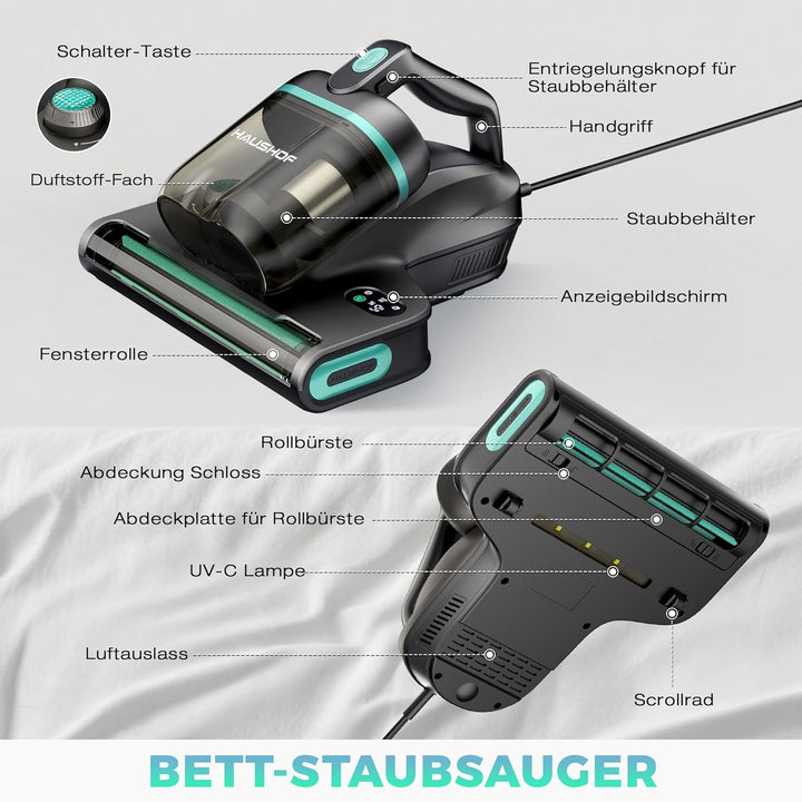 HAUSHOF Milbensauger für Matratzen mit UV Licht, 15 kPa Saugleistung, 60℃ Heissluft mit Aroma-Funkti