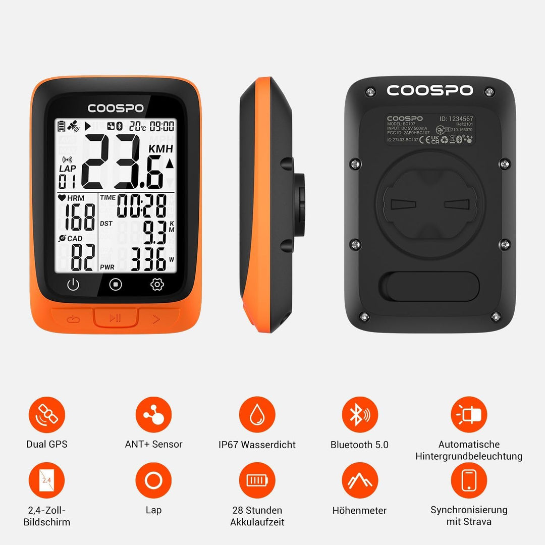 COOPSO BC107 Fahrradcomputer GPS Kabellos Drahtloser Fahrradtacho Kilometerzähler, Bluetooth5.0 ANT+