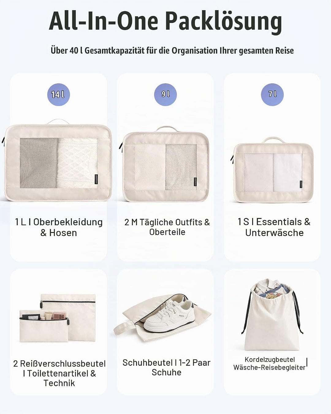 Light Flight Koffer Organizer 8-teilig Packing Cubes mit Tragegriff | Platzsparender Reiseorganizer