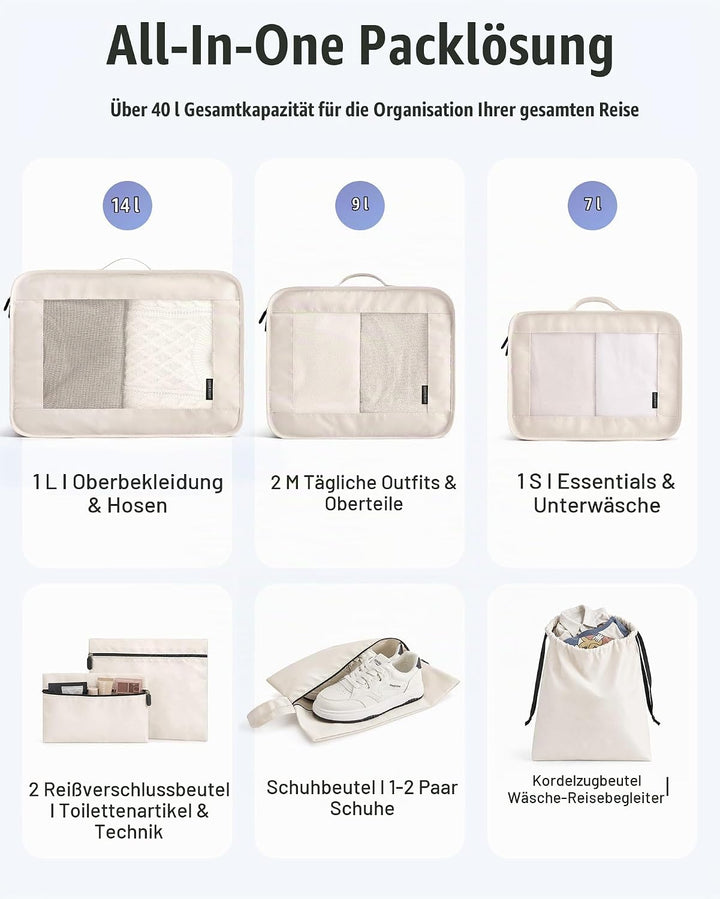 Light Flight Koffer Organizer 8-teilig Packing Cubes mit Tragegriff | Platzsparender Reiseorganizer