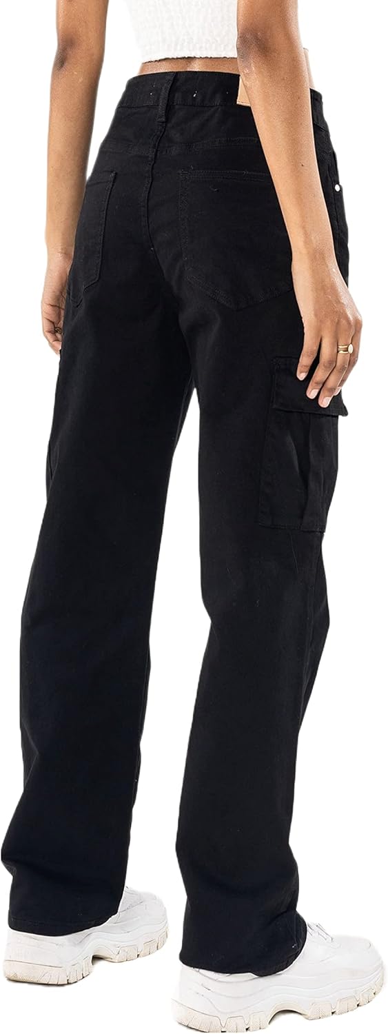 Nina Carter Q1885 Damen Cargo Jeans High Waist Cargohose Stretch Straight Leg Hose XS Schwarz (Q1885