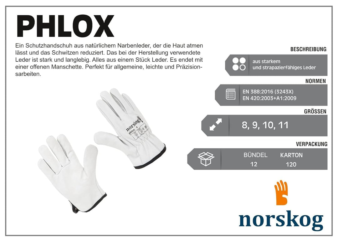 norskog PHLOX - Schutzhandschuhe I 12 Paar I Elastische Band I Kanadischer Handschuhe aus Rindsleder