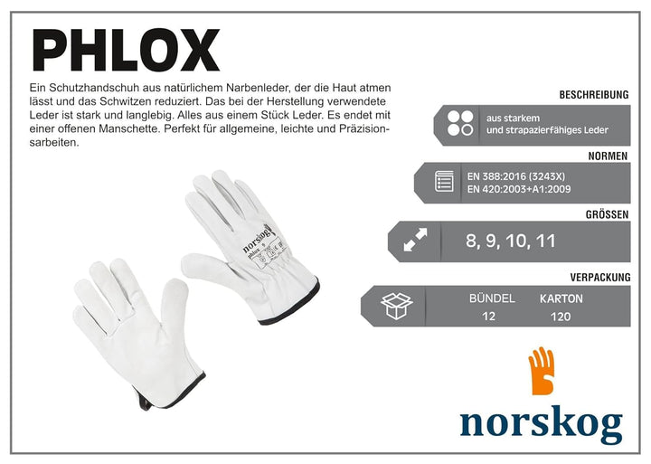 norskog PHLOX - Schutzhandschuhe I 12 Paar I Elastische Band I Kanadischer Handschuhe aus Rindsleder