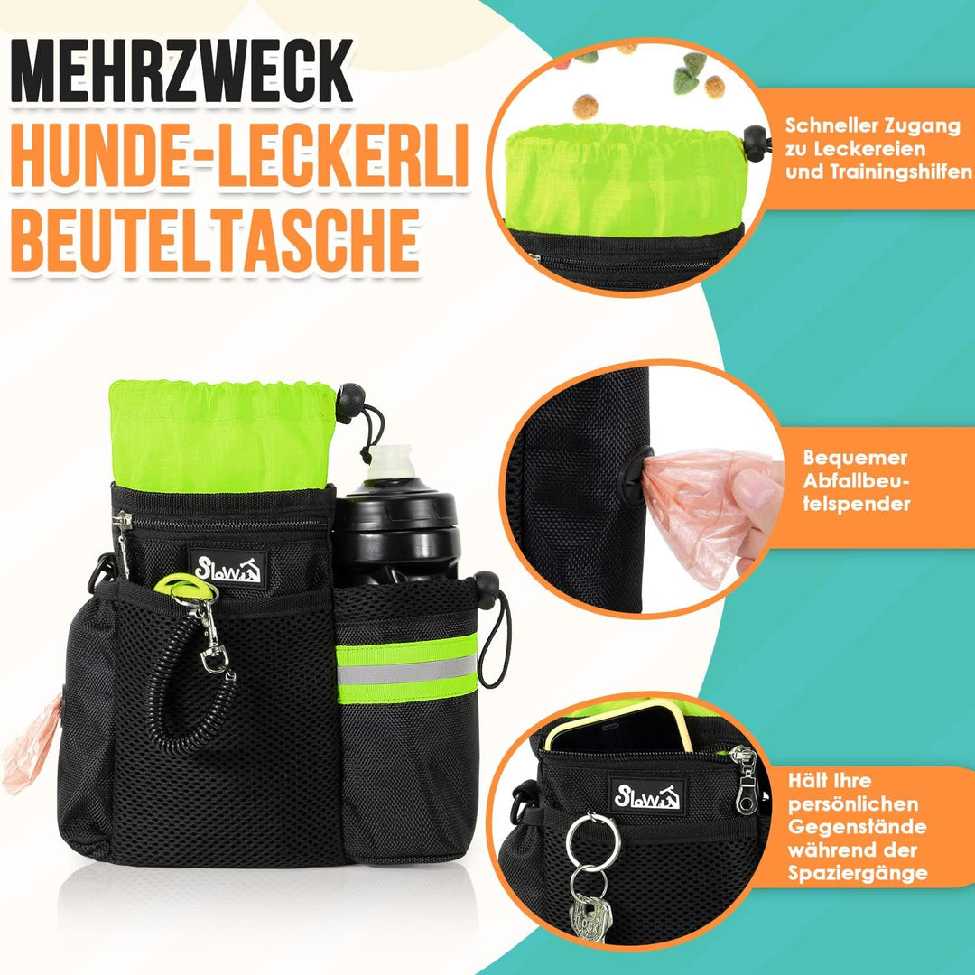 Leckerlibeutel für Hunde, Futterbeutel Hunde mit Kotbeutelspender und Wasserflaschenhalter, DREI Ver