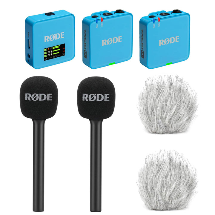 Rode Wireless GO Gen 3 Drahtloses 2-Kanal Mikrofon-Funksystem Blau mit 2X Interview GO Handadapter u