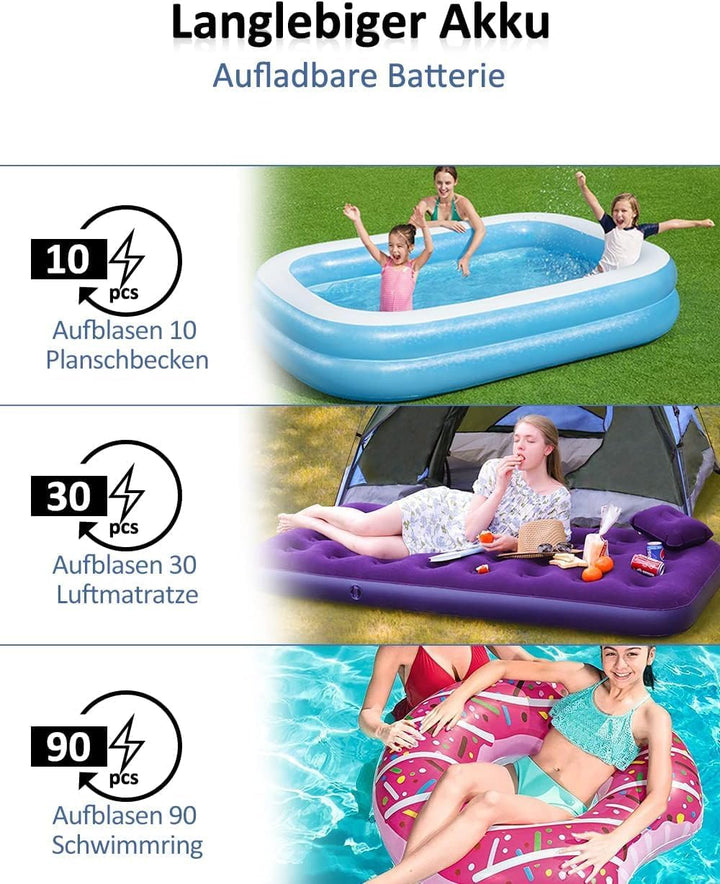 Kabellose Elektrische Luftpumpe mit 2×2000mAh Wiederaufladbarem Akku für Pool, Schlauchboot & Luftma