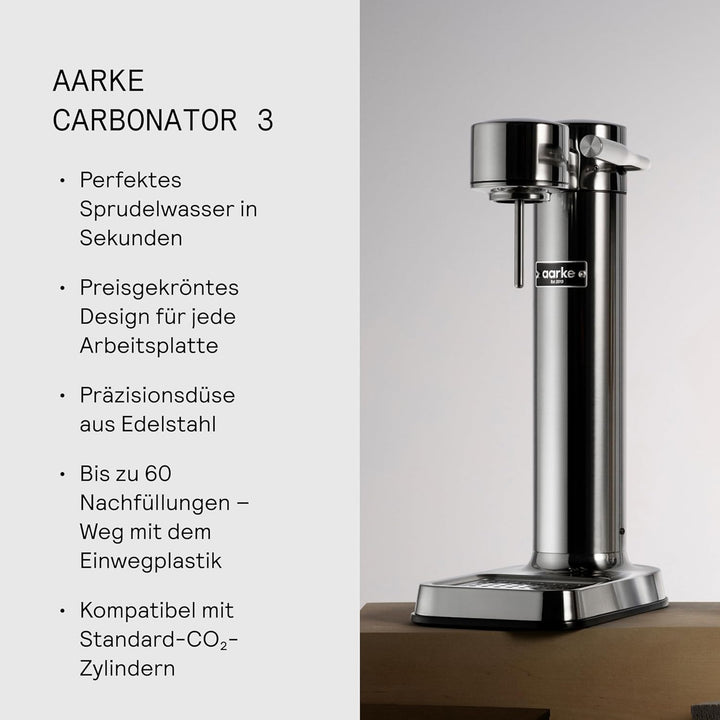 Aarke Carbonator 3, Wassersprudler aus Edelstahl mit 2 x BPA-frei Flaschen, Edelstahl Finish Edelsta