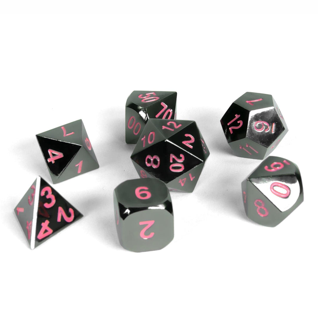 shibby 7 polyedrische Metall-Würfel - Verchromt - für Tabletop und Rollenspiele inkl. Aufbewahrungsb