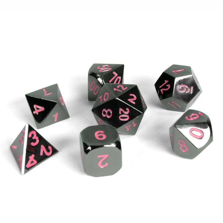 shibby 7 polyedrische Metall-Würfel - Verchromt - für Tabletop und Rollenspiele inkl. Aufbewahrungsb
