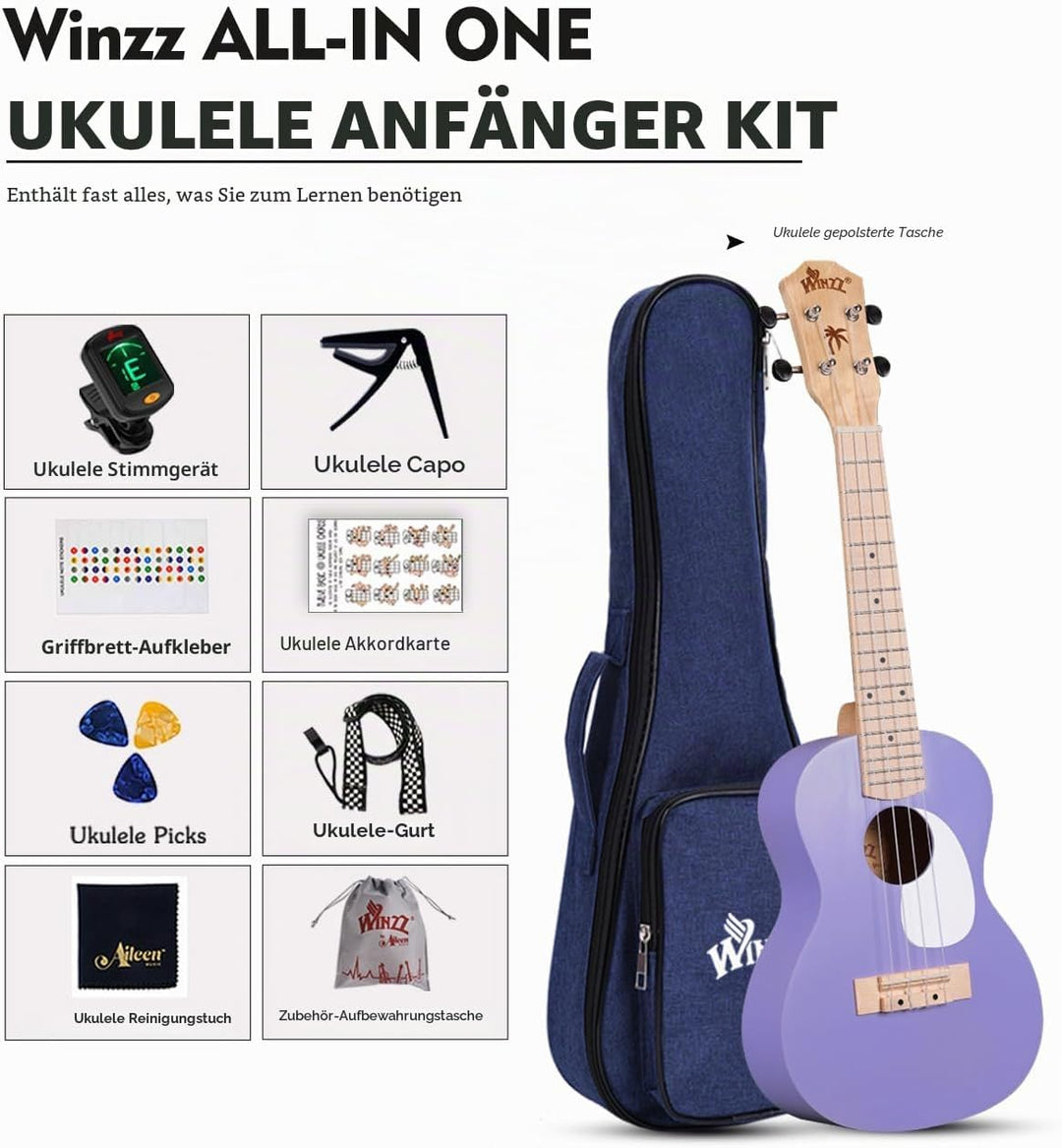 Winzz Ukulele Kinder Konzert, Ukulele Erwachsene Anfänger Set, 23 Zoll, mit 9 Zubehör, Kleine Einste