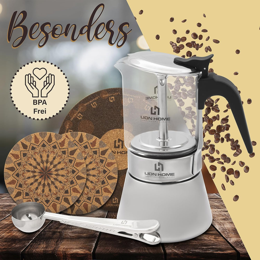 LION HOME Espressokocher | Glas &amp; Edelstahl Design für 6 Tassen | Inkl. Kork-Untersetzer | Für alle