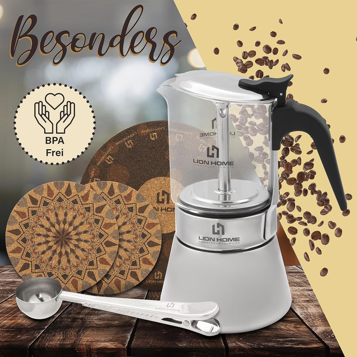LION HOME Espressokocher | Glas &amp; Edelstahl Design für 6 Tassen | Inkl. Kork-Untersetzer | Für alle