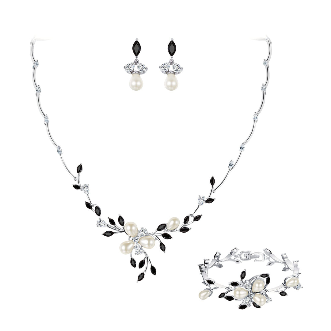 EVER FAITH Zirkon Simulierte Perle Blume Blatt Filigrane Halskette Ohrringe Armband Set Klar Schwarz