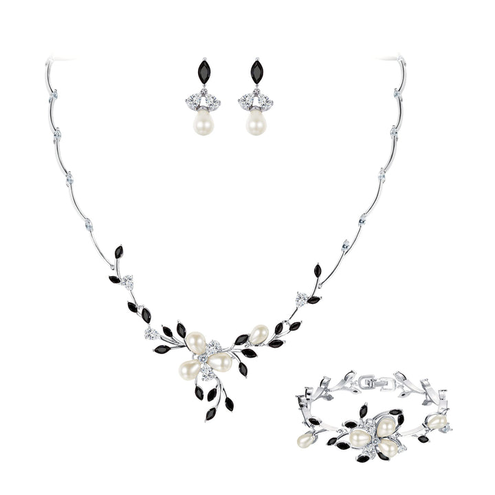 EVER FAITH Zirkon Simulierte Perle Blume Blatt Filigrane Halskette Ohrringe Armband Set Klar Schwarz