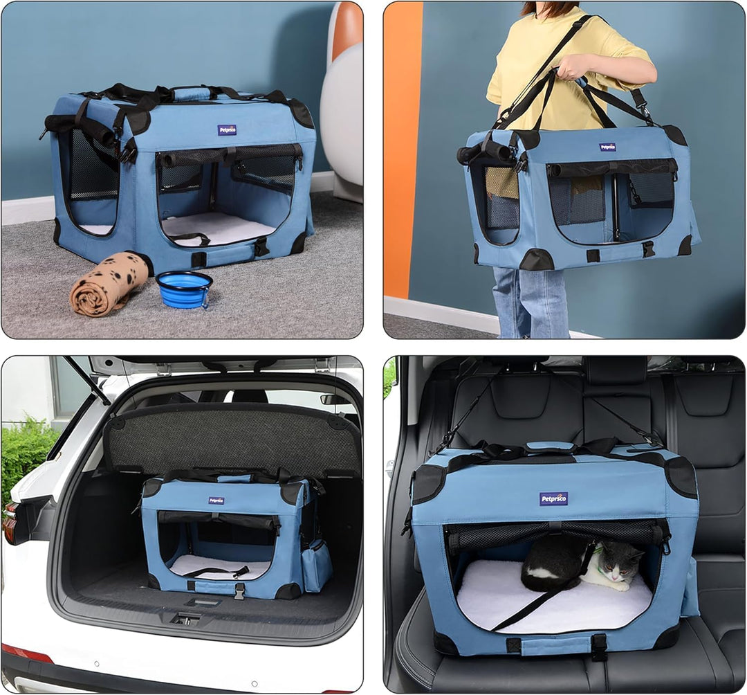 Petprsco Transportbox für Haustiere, weiche Seiten, für Katzen, kleine Hunde, 3-türig, weich, faltba