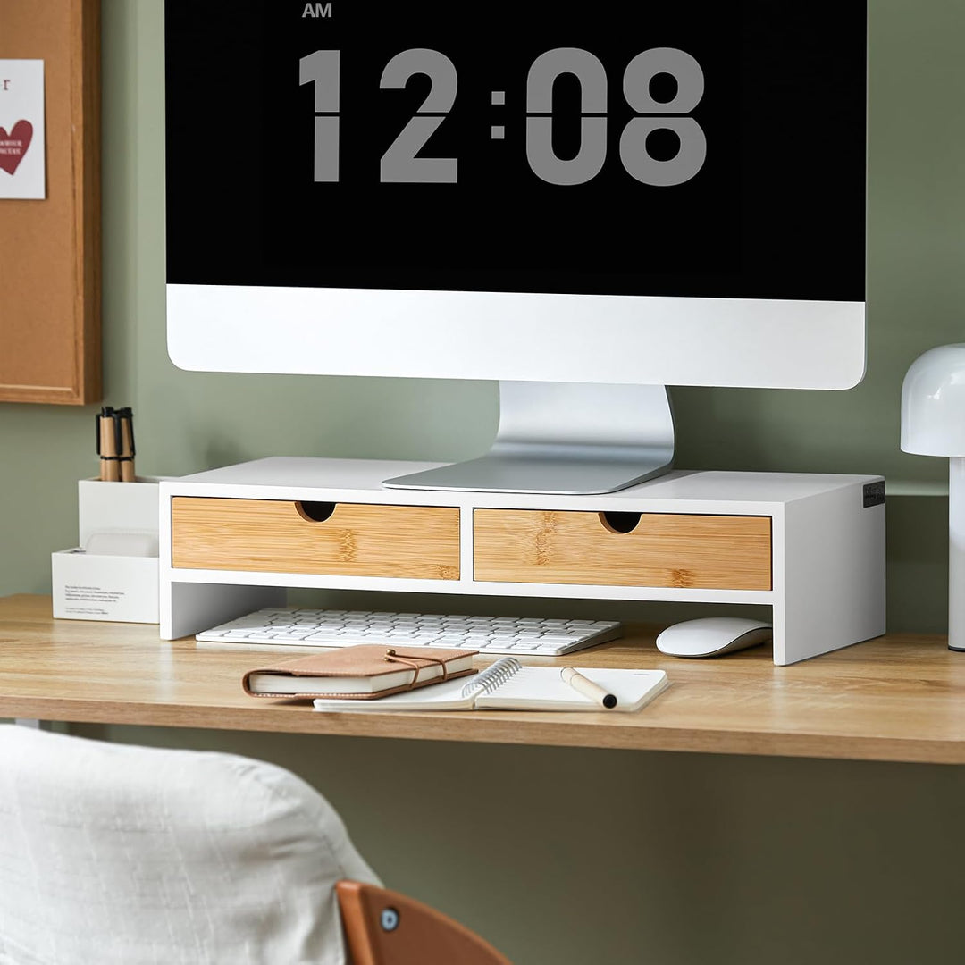 SoBuy Schreibtisch Organizer, Monitorständer mit 2 Schubladen, Monitorerhöhung für Schreibtisch, Mon