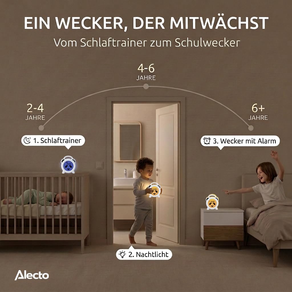Alecto BC100PANDA Wecker Kinder - Kinderwecker USB Aufladbar - Kinder Wecker mit Nachtlicht - Schlaf
