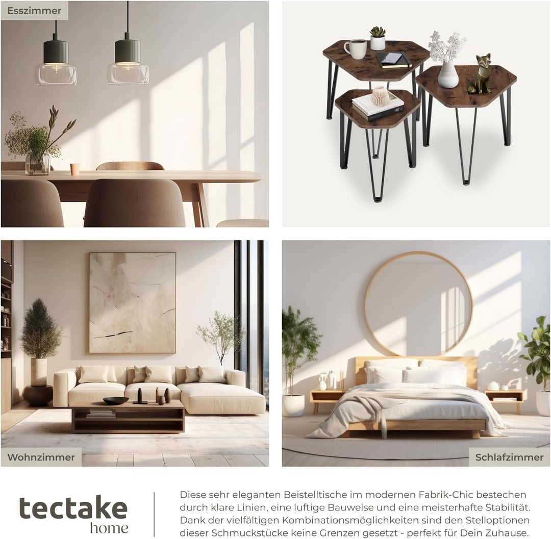 tectake Beistelltisch 3er Set, sechseckiger Couchtisch in 3 Grössen, Industrie-Stil, Holz Satztische