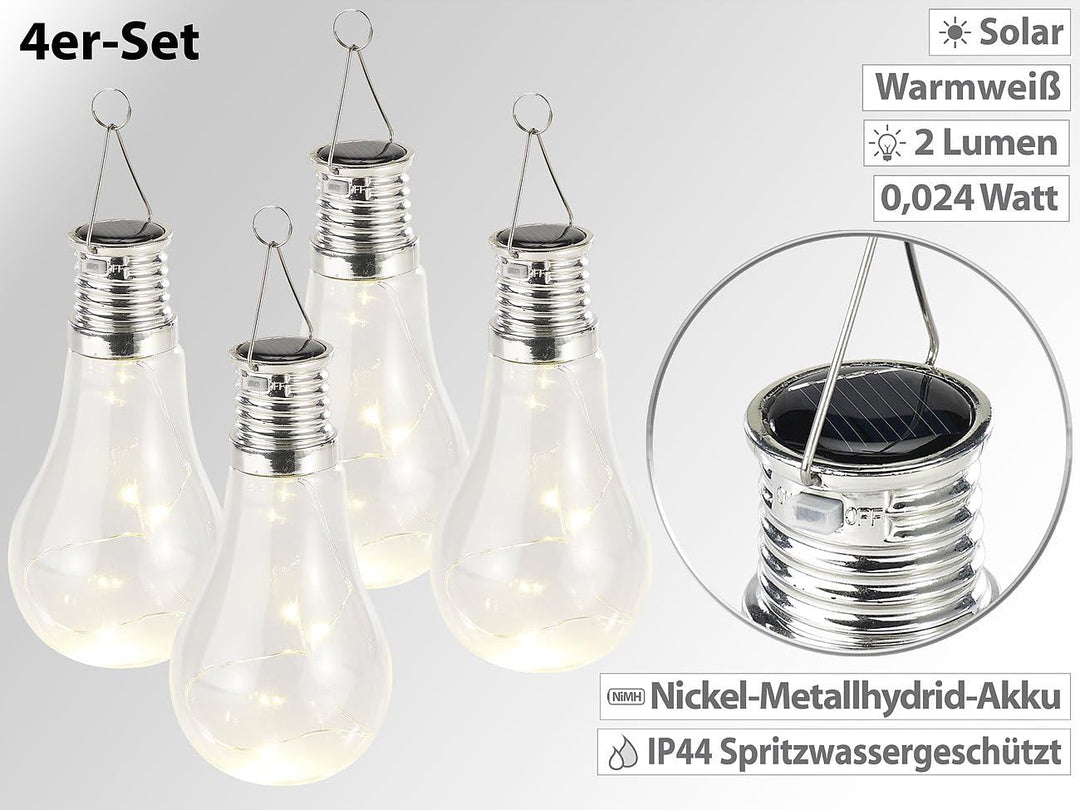 Lunartec Solarbirne: 4er-Set Solar-LED-Lampen in Glühbirnen-Form, 3 warmweisse LEDs, 2 Lumen (Solar