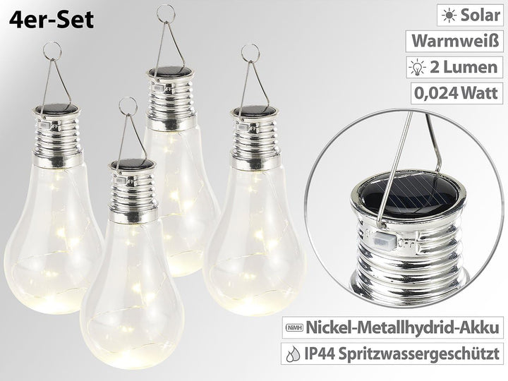 Lunartec Solarbirne: 4er-Set Solar-LED-Lampen in Glühbirnen-Form, 3 warmweisse LEDs, 2 Lumen (Solar